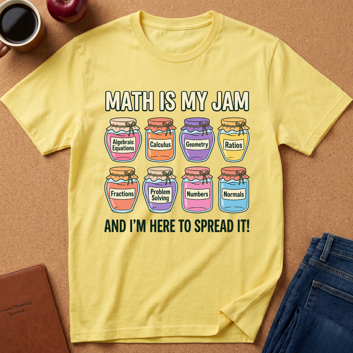 A yellow graphic t-shirt laid flat on a brown cork background, surrounded by lifestyle props including a coffee mug, an apple, a notebook, and blue jeans. The t-shirt features a colorful graphic of eight labeled jars (Algebraic Equations, Calculus, Geometry, Ratios, Fractions, Problem Solving, Numbers, Normals) with the text 'MATH IS MY JAM' above and 'AND I'M HERE TO SPREAD IT!' below.