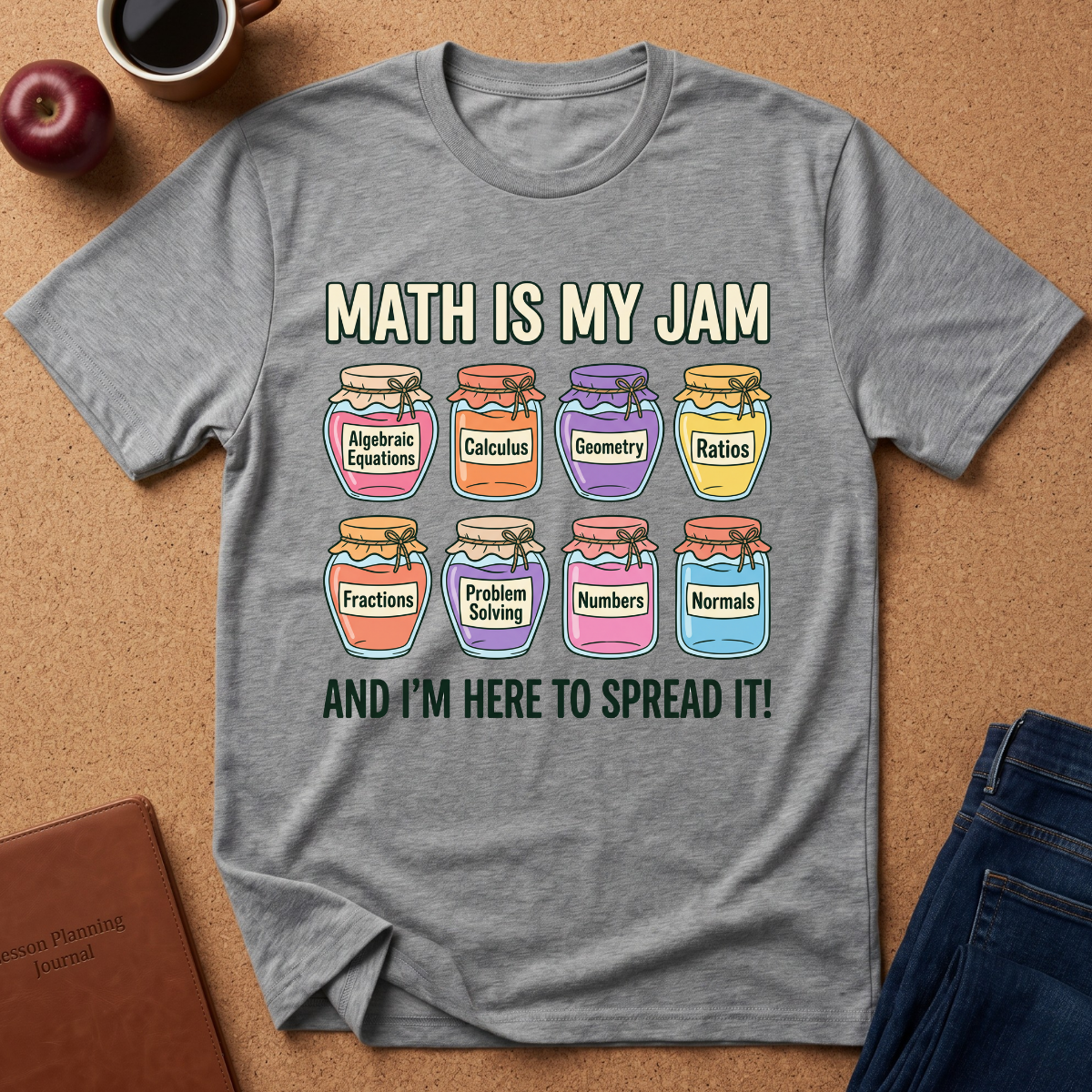 A heather gray graphic t-shirt laid flat on a cork background, featuring the text 'MATH IS MY JAM AND I'M HERE TO SPREAD IT!' above and below a row of colorful jars labeled Algebraic Equations, Calculus, Geometry, Ratios, Fractions, Problem Solving, Numbers, and Normals. Styled flat-lay props include a coffee cup, apple, notebook, and jeans.