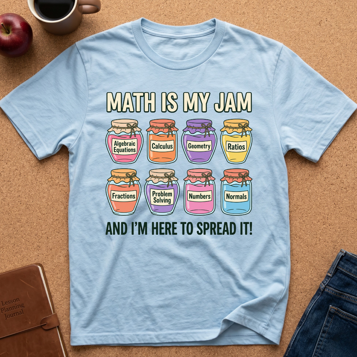 A light blue graphic t-shirt laid flat on a cork board background, featuring the text 'MATH IS MY JAM' and 'AND I'M HERE TO SPREAD IT!' above and below an illustration of eight colorful math-themed jars.