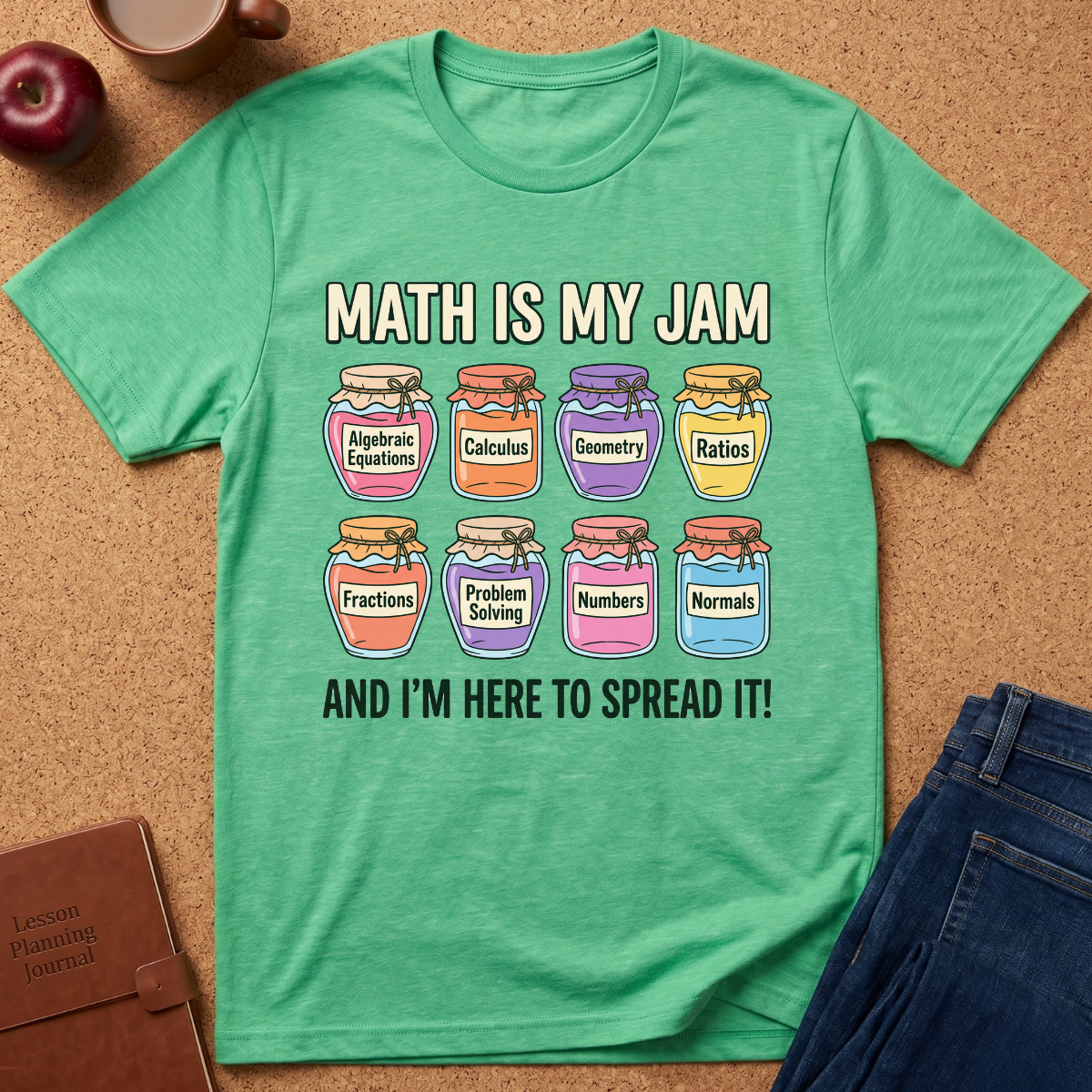 A green graphic t-shirt laid flat on a corkboard background, styled with an apple, coffee cup, brown journal, and blue jeans. The t-shirt features a math-themed graphic with colorful jars labeled Algebraic Equations, Calculus, Geometry, Ratios, Fractions, Problem Solving, Numbers, and Normals, with the text 'MATH IS MY JAM' and 'AND I'M HERE TO SPREAD IT!'.