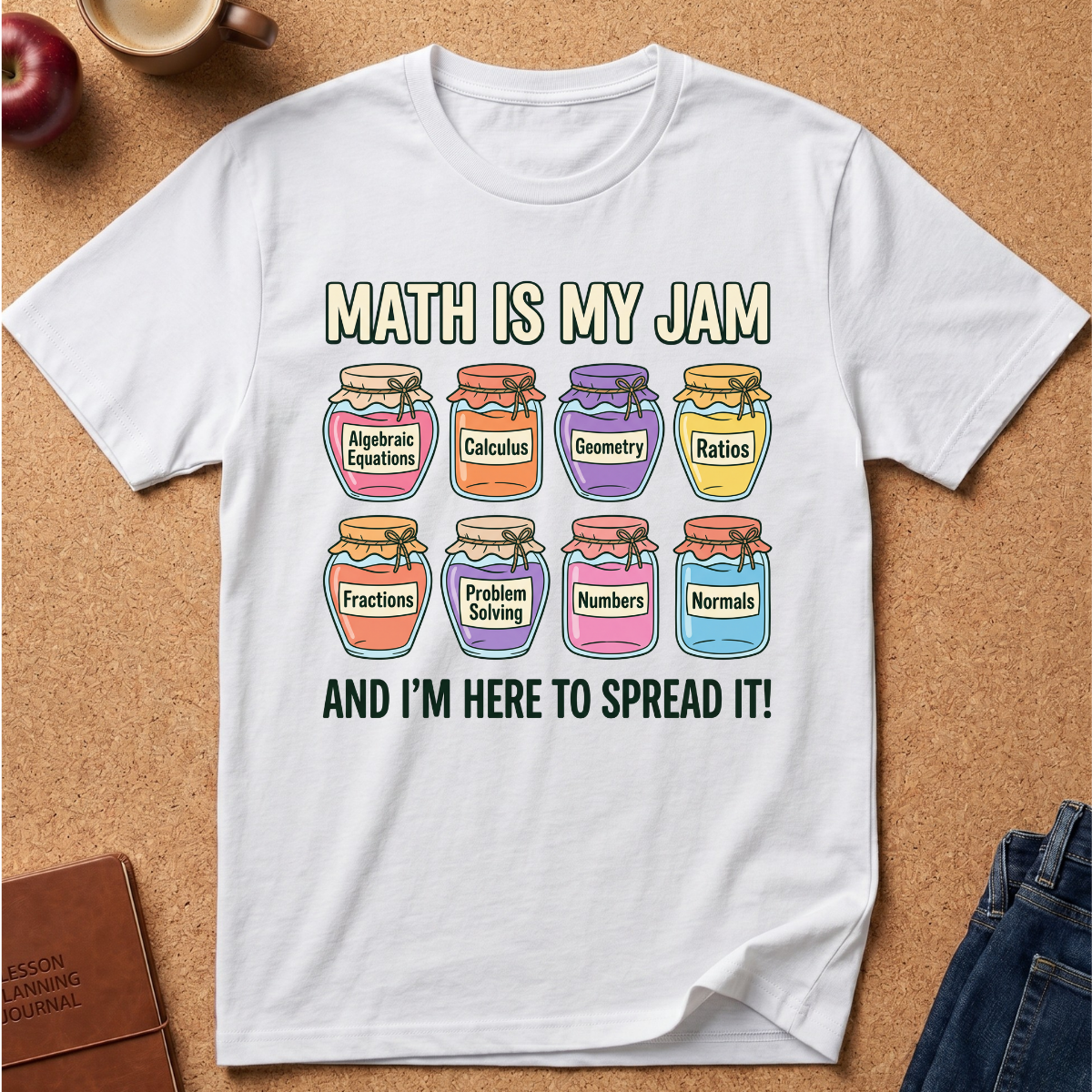 A white graphic t-shirt laid flat on a cork background, featuring a humorous math-themed print with illustrated jars labeled Algebraic Equations, Calculus, Geometry, Ratios, Fractions, Problem Solving, Numbers, and Normals, and the text 'MATH IS MY JAM AND I'M HERE TO SPREAD IT!'.