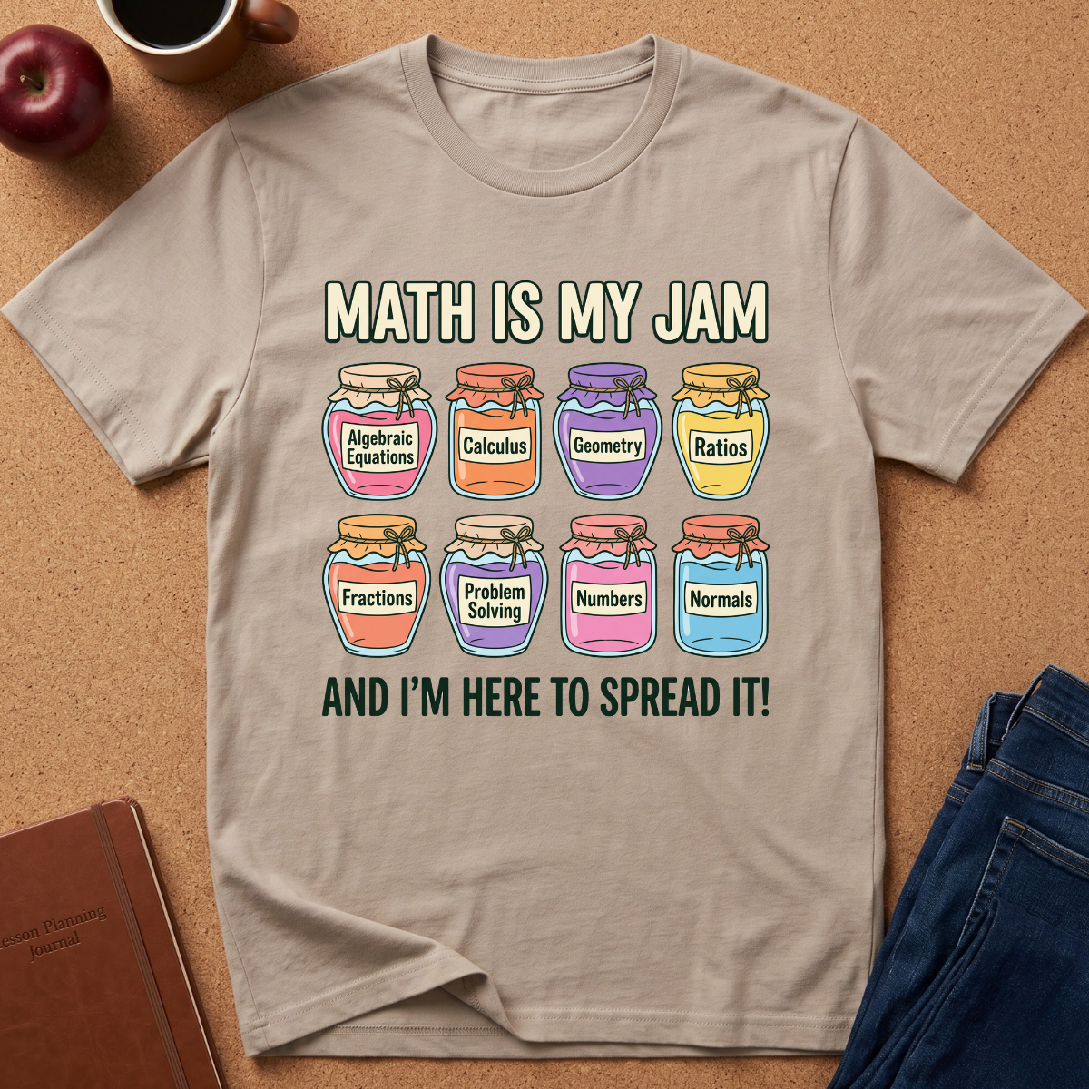 A beige graphic t-shirt laid flat on a corkboard background, featuring the text 'MATH IS MY JAM AND I'M HERE TO SPREAD IT!' above and below an illustration of eight colorful labeled jars representing algebraic equations, calculus, geometry, ratios, fractions, problem solving, numbers, and normals. A coffee cup, apple, notebook, and jeans are partially visible around the shirt.