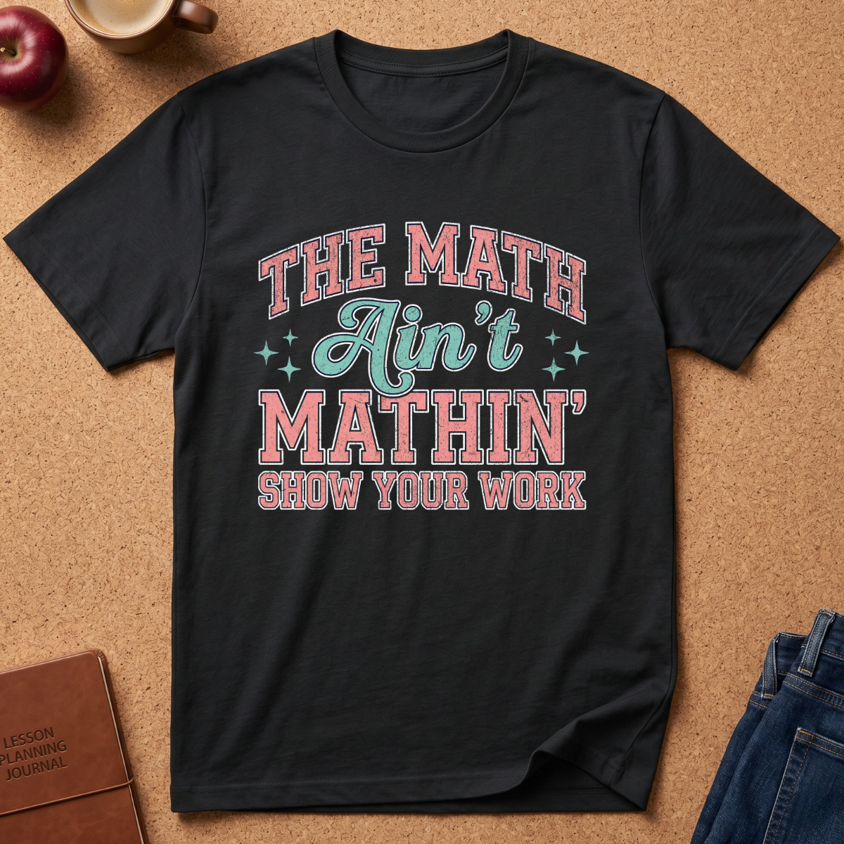 A black graphic t-shirt laid flat on a corkboard background, featuring the text 'THE MATH Ain't MATHIN' SHOW YOUR WORK' in pink and teal retro lettering. Styled flat-lay props include an apple, a coffee cup, a journal, and jeans.