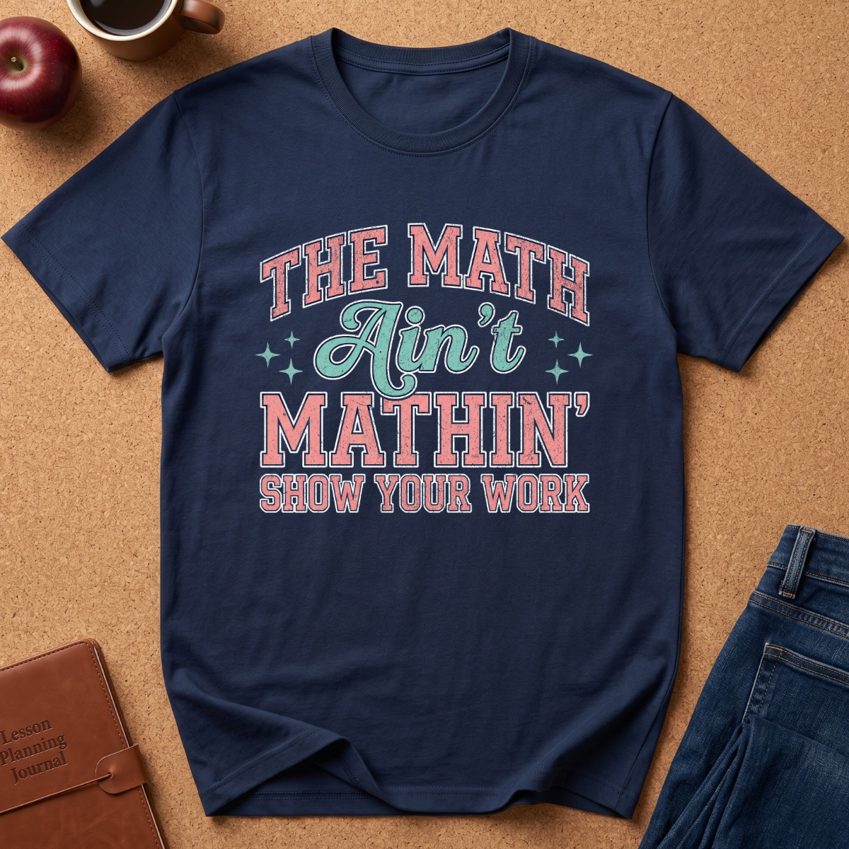 A navy blue graphic t-shirt laid flat on a brown cork background, surrounded by lifestyle props including an apple, a coffee mug, a leather journal, and the corner of a pair of blue jeans. The t-shirt features a retro-style text graphic that reads 'THE MATH Ain't MATHIN' SHOW YOUR WORK' in pink and teal lettering.