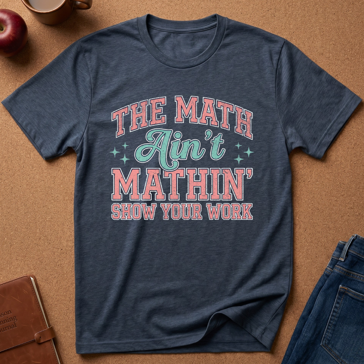 A navy blue heather graphic t-shirt laid flat on a brown cork background, surrounded by lifestyle props including an apple, a coffee mug, a notebook, and folded jeans. The shirt features a retro-style graphic that reads 'THE MATH Ain't MATHIN' SHOW YOUR WORK' in pink and teal lettering.