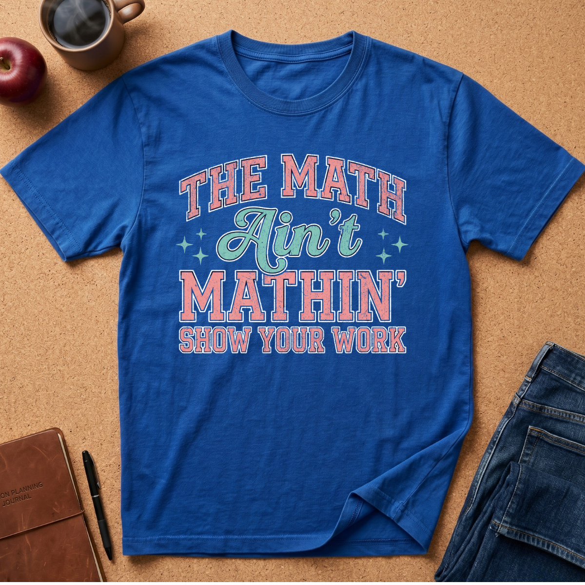 A royal blue graphic t-shirt laid flat on a cork background, surrounded by lifestyle props including a coffee mug, an apple, a notebook, a pen, and folded jeans. The t-shirt features the text 'THE MATH Ain't MATHIN' SHOW YOUR WORK' in a retro pink and teal font.
