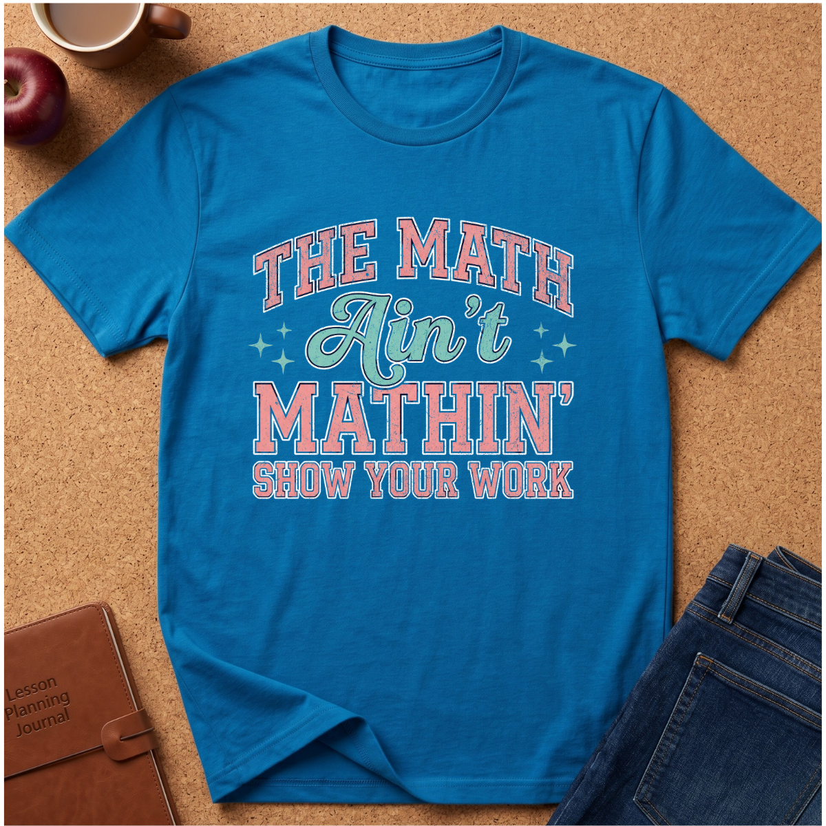 A bright blue graphic t-shirt laid flat on a cork background, surrounded by lifestyle props including an apple, a coffee mug, a notebook, and jeans. The shirt features the text 'THE MATH Ain't MATHIN' SHOW YOUR WORK' in pink and light blue lettering.