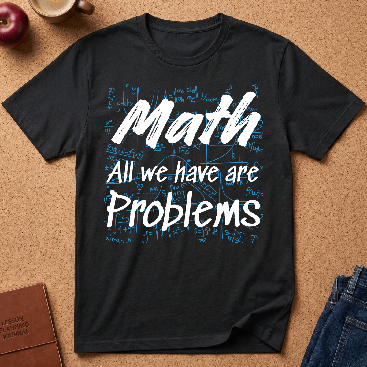 A black short-sleeve graphic T-shirt laid flat on a cork-like surface, with white text reading 'Math All we have are Problems' over a blue handwritten math equation background. Props around it include an apple, a mug, a journal, and folded jeans.