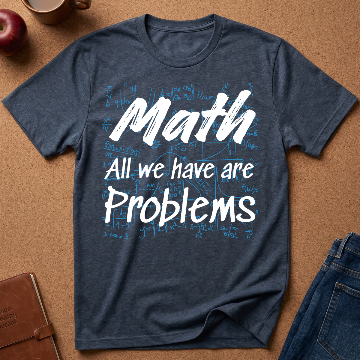 A navy blue graphic t-shirt laid flat on a brown cork background, surrounded by lifestyle props like an apple, a coffee mug, a notebook, and jeans. The t-shirt features the text 'Math All we have are Problems' in white, with light blue handwritten math equations in the background.