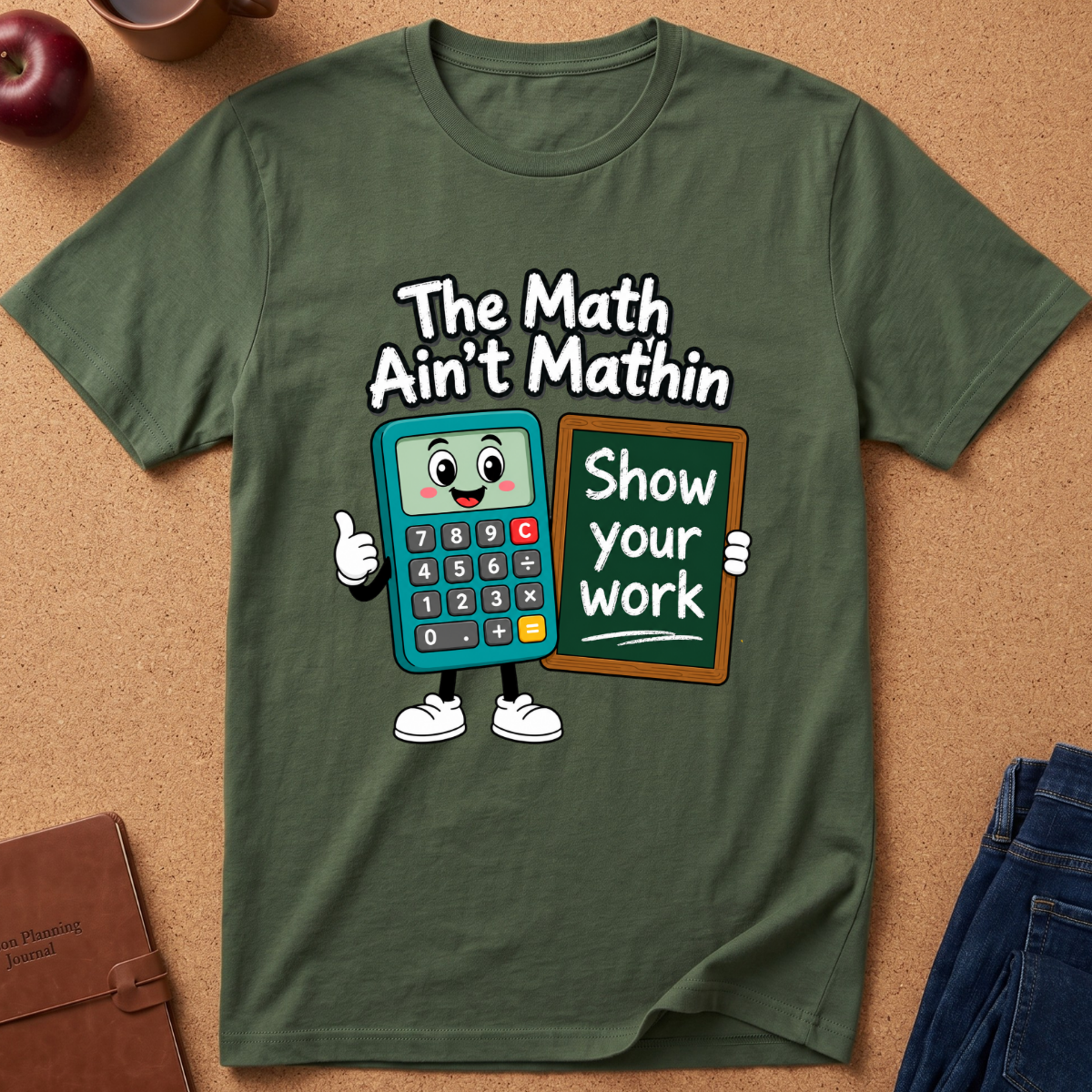 An olive green graphic t-shirt laid flat on a cork background, featuring a cartoon calculator character and the text 'The Math Ain't Mathin' and 'Show your work'.