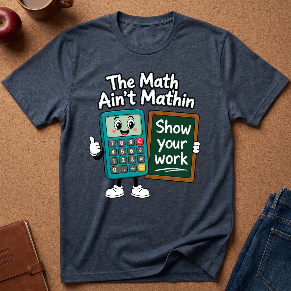 A navy blue heather graphic t-shirt laid flat on a brown cork background. The shirt features a cartoon calculator character holding a chalkboard that says 'Show your work' beneath the text 'The Math Ain't Mathin'.
