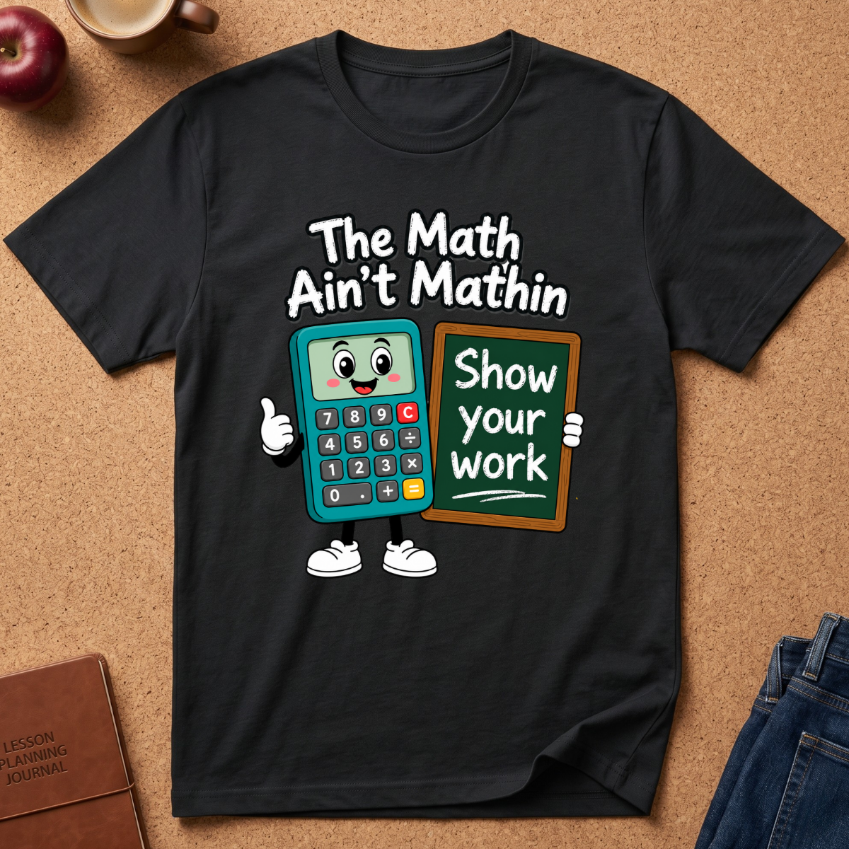 A black graphic t-shirt laid flat on a cork background, featuring a cartoon calculator character holding a chalkboard that reads 'Show your work' beneath the phrase 'The Math Ain't Mathin'.