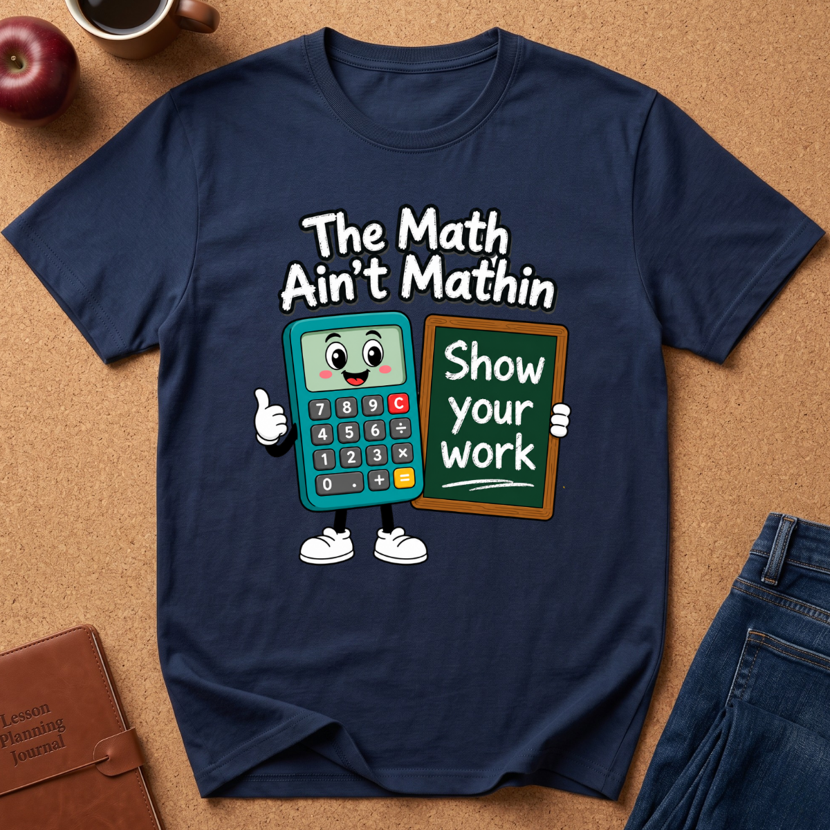 A navy blue graphic t-shirt laid flat on a brown cork background, featuring a cartoon calculator character holding a chalkboard that says 'Show your work' beneath the phrase 'The Math Ain't Mathin'.