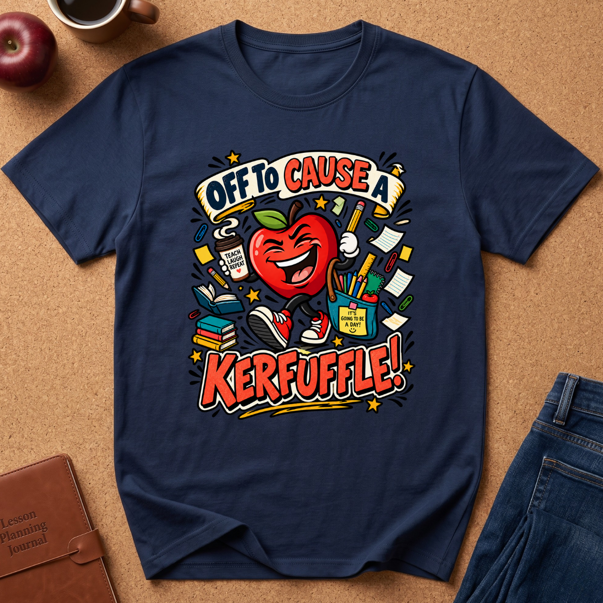 A navy blue graphic t-shirt laid flat on a brown cork background, surrounded by lifestyle props including an apple, a coffee cup, a leather journal, and blue jeans. The t-shirt features a colorful cartoon graphic of a smiling red apple surrounded by school supplies with the text 'OFF TO CAUSE A KERFUFFLE!'.