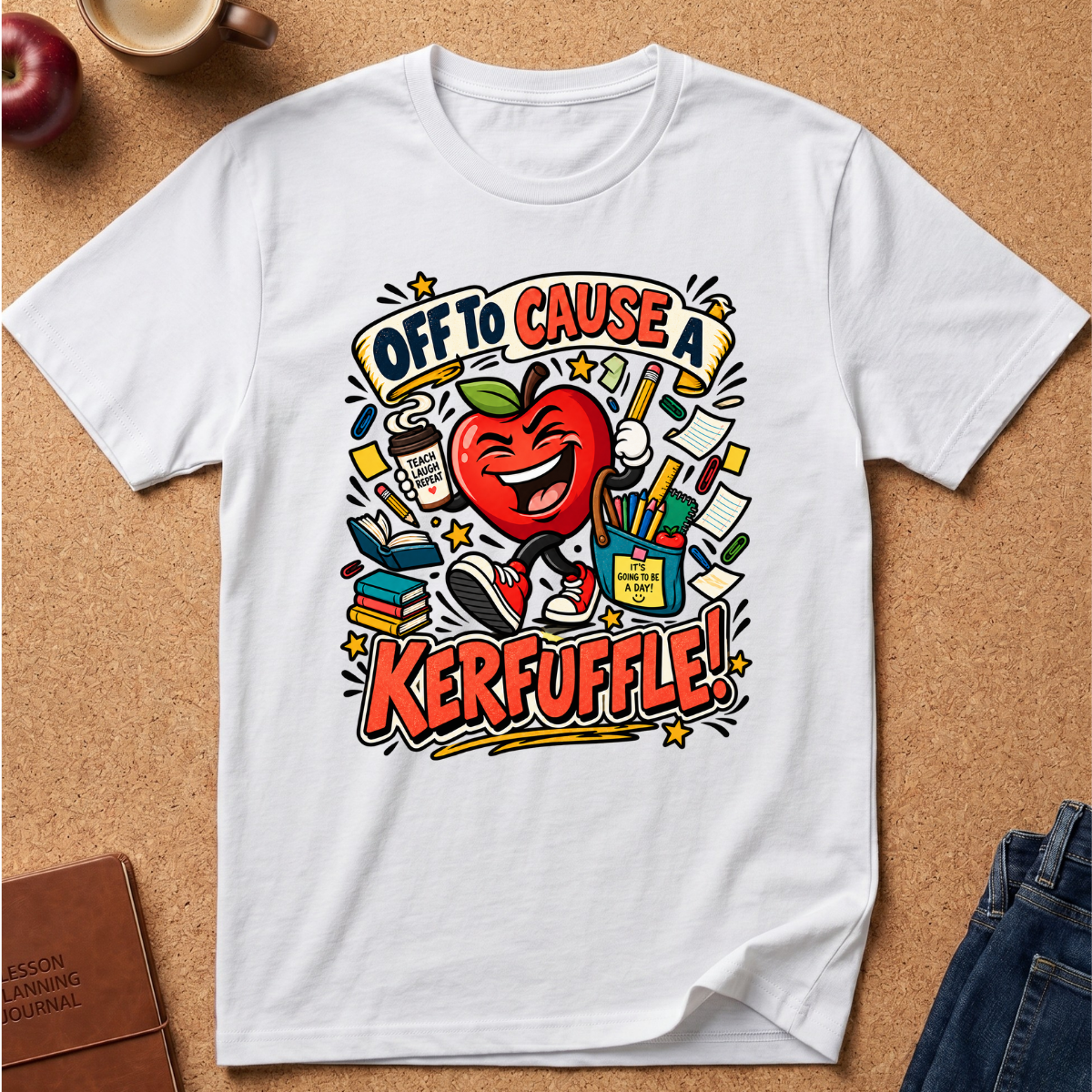 A white short-sleeve graphic T-shirt laid flat on a cork surface, featuring a colorful school-themed illustration with an apple, books, pencils, and the text 'OFF TO CAUSE A KERFUFFLE!'. Partial props including an apple, a coffee cup, a notebook, and jeans are visible around the shirt.
