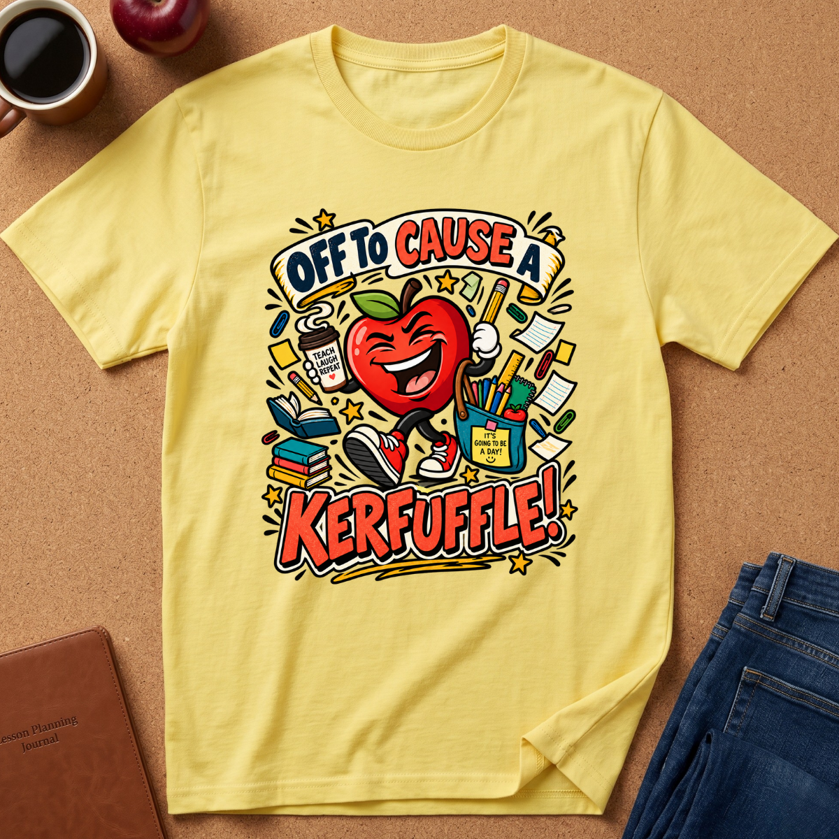 A yellow short-sleeve graphic T-shirt laid flat on a cork surface, surrounded by lifestyle props including a coffee mug, an apple, a notebook, and folded blue jeans. The shirt features a colorful cartoon apple graphic with the text 'OFF TO CAUSE A KERFUFFLE!' and school-themed doodles.
