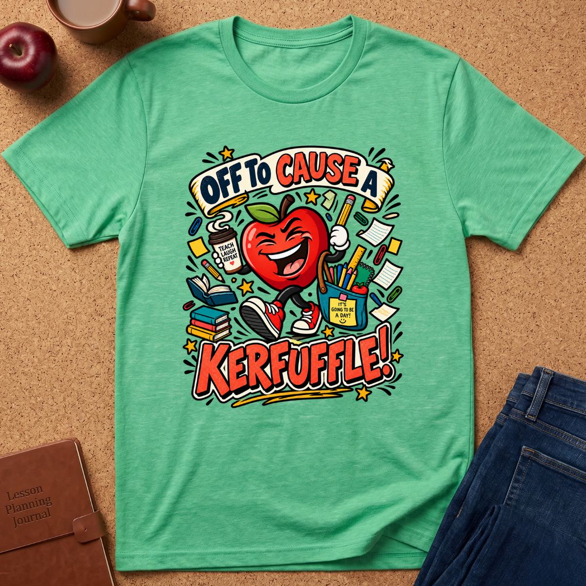 A green graphic t-shirt laid flat on a cork background, featuring a colorful cartoon apple and school supplies with the text 'OFF TO CAUSE A KERFUFFLE!'. A brown leather journal, a red apple, and blue jeans are styled around it.