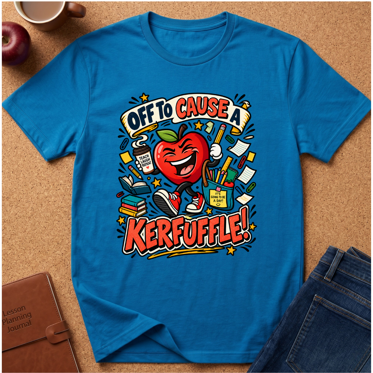 A bright blue graphic t-shirt laid flat on a cork background, featuring a colorful cartoon design of a grinning red apple surrounded by school supplies and the text 'OFF TO CAUSE A KERFUFFLE!'. A brown leather journal, an apple, a coffee cup, and blue jeans are styled around the shirt.