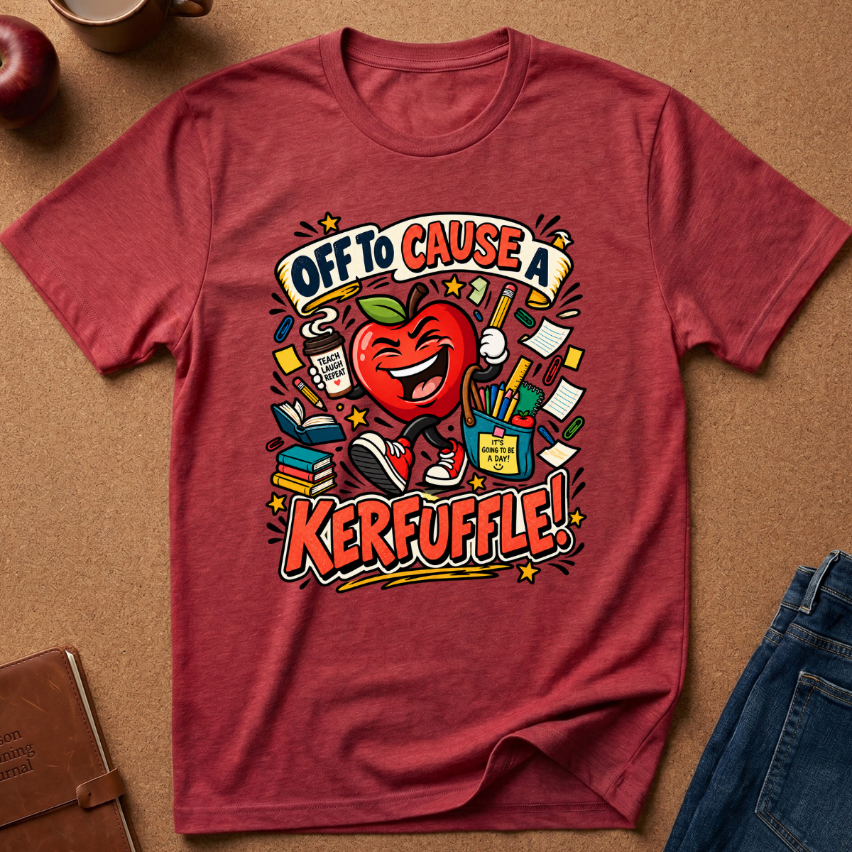 A heathered red short-sleeve t-shirt laid flat on a brown cork-like surface, featuring a colorful cartoon graphic of a smiling red apple surrounded by books, pencils, and papers with the text 'OFF TO CAUSE A KERFUFFLE!'. Partial jeans, a notebook, and a cup are visible around the shirt as styled props.