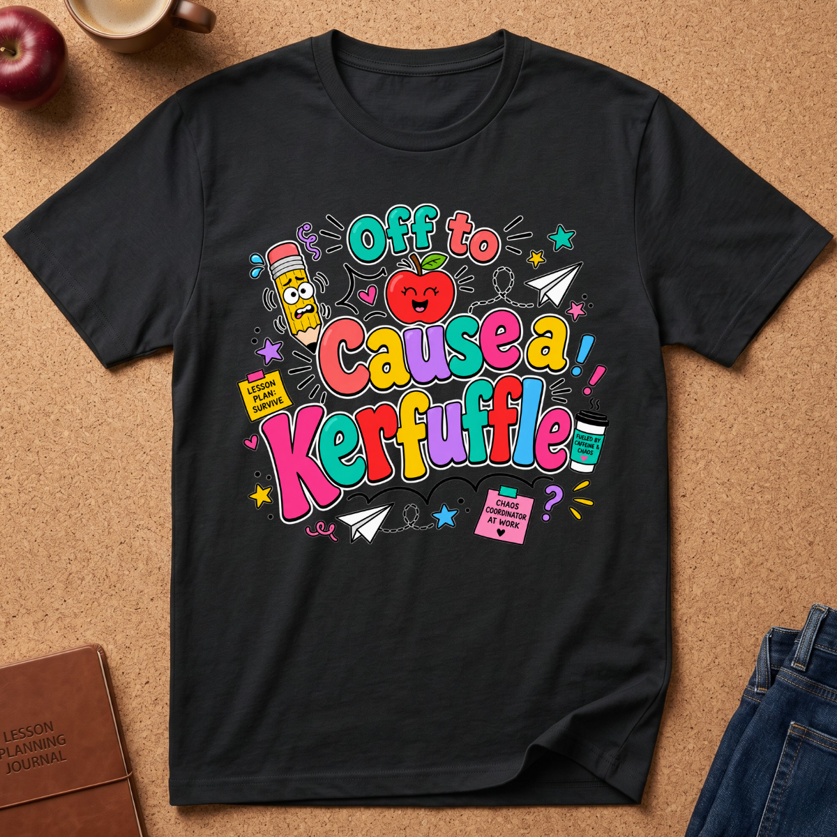 A black graphic t-shirt laid flat on a corkboard background, featuring a colorful retro-style design that reads 'Off to Cause a Kerfuffle' with school-themed doodles like a smiling pencil, heart, stars, and paper airplanes. Styled flat-lay props include an apple, a coffee cup, a journal, and jeans.