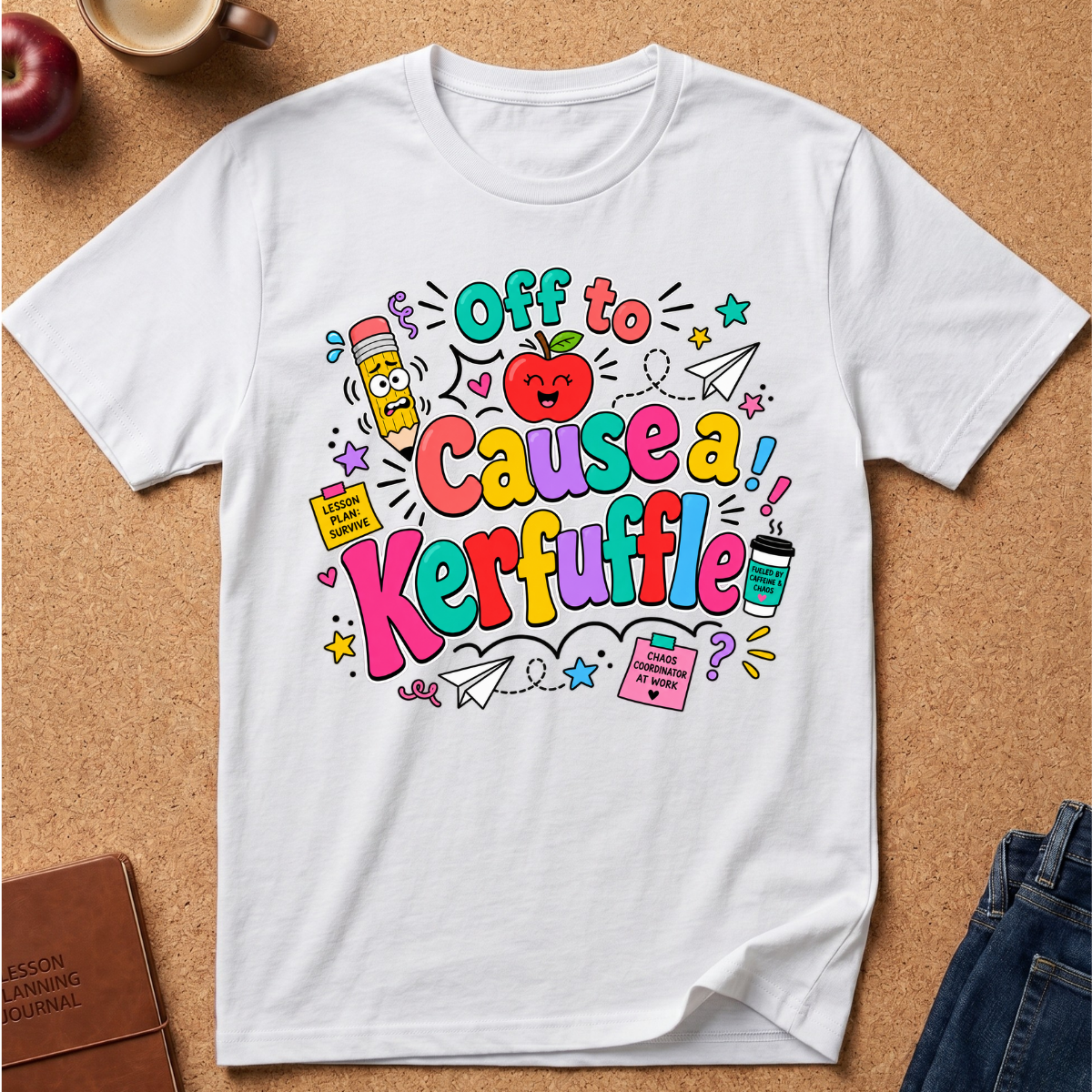 A white short-sleeve t-shirt laid flat on a cork background, featuring a colorful cartoon graphic that reads 'Off to Cause a Kerfuffle' with school-themed doodles like a smiling pencil, apple, coffee cup, and paper airplanes.
