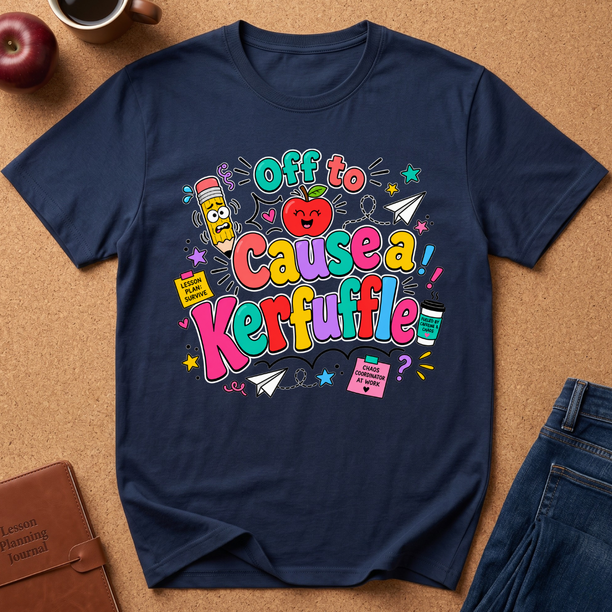 A navy blue graphic t-shirt laid flat on a brown cork board background, surrounded by lifestyle props including a brown leather journal, a red apple, a coffee cup, and blue jeans. The t-shirt features a colorful cartoon graphic with the text 'Off to Cause a Kerfuffle' in playful multicolored lettering.