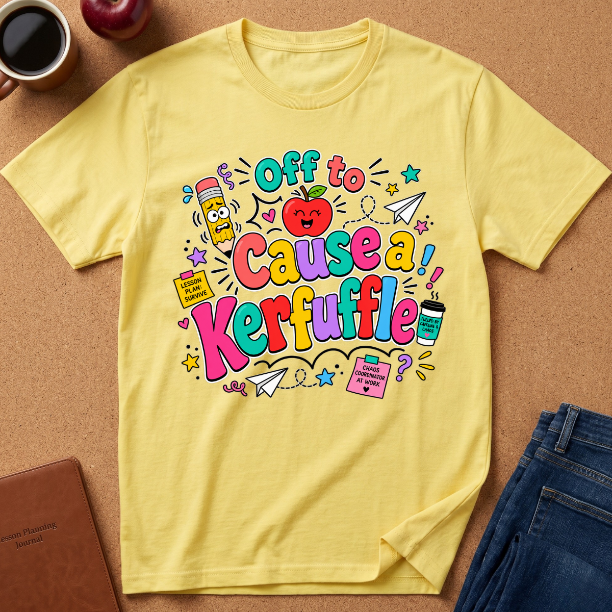 A yellow graphic t-shirt laid flat on a cork background, surrounded by lifestyle props including a coffee cup, an apple, a notebook, and a pair of jeans. The t-shirt features a colorful cartoon graphic with the text 'Off to Cause a Kerfuffle' in multicolored bubble letters, accompanied by school-themed doodles like a smiling pencil, an apple, and paper airplanes.