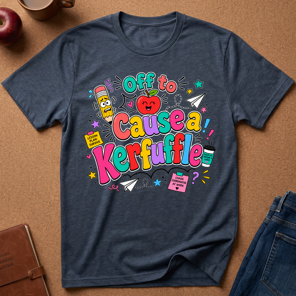 A navy blue graphic t-shirt laid flat on a brown corkboard background, surrounded by lifestyle props like an apple, a coffee mug, a notebook, and folded jeans. The t-shirt features a colorful retro-style graphic that reads 'Off to Cause a Kerfuffle' with school-themed doodles including a smiling apple, pencil, and paper airplane.