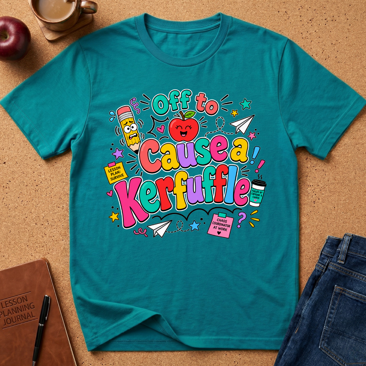 A teal short-sleeve graphic T-shirt laid flat on a cork surface with school-themed doodles and the phrase 'Off to Cause a Kerfuffle' in colorful lettering. Surrounding props include an apple, coffee cup, notebook, and jeans.