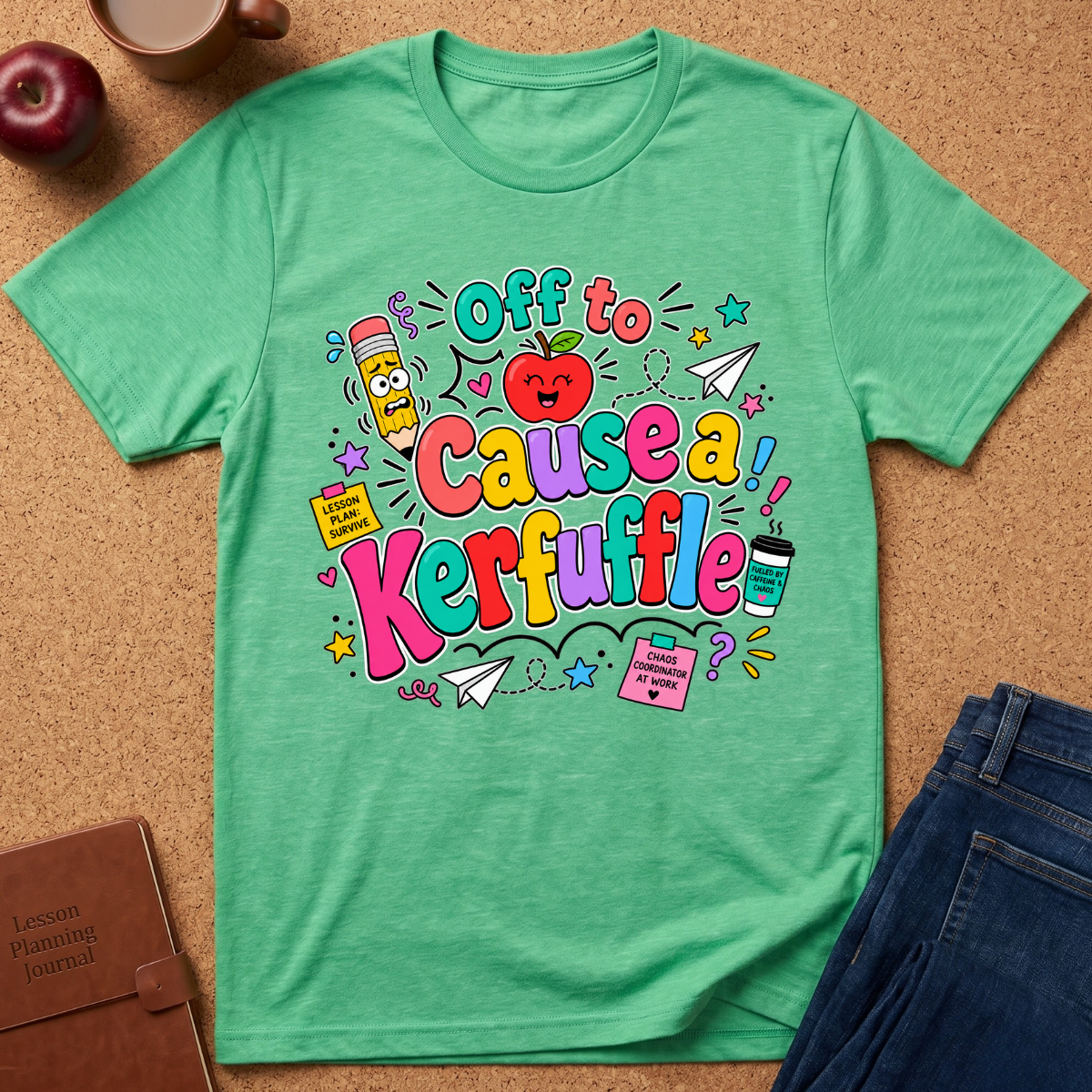 A mint green graphic t-shirt laid flat on a cork background, surrounded by lifestyle props including an apple, a coffee mug, a notebook, and a pair of blue jeans. The t-shirt features a colorful cartoon graphic with the text 'Off to Cause a Kerfuffle' in playful multicolored lettering.