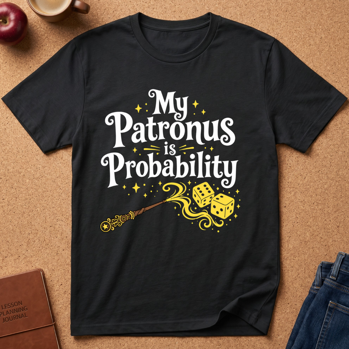 A black graphic t-shirt laid flat on a brown cork board background, featuring the text 'My Patronus is Probability' in white with yellow stars and a wand-and-dice illustration. Surrounding props include an apple, a coffee cup, a brown journal, and folded blue jeans.
