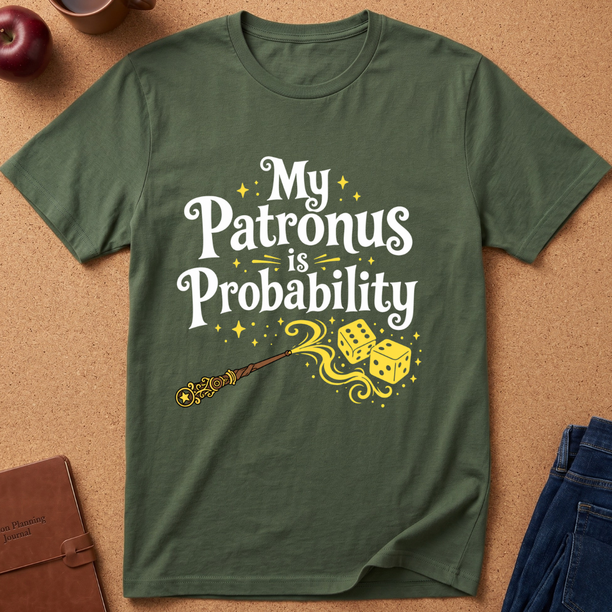 An olive green short-sleeve t-shirt laid flat on a cork background, featuring the text 'My Patronus is Probability' in white script with yellow stars, a wand, and two dice. Decorative props including an apple, a notebook, and blue jeans are partially visible around the shirt.