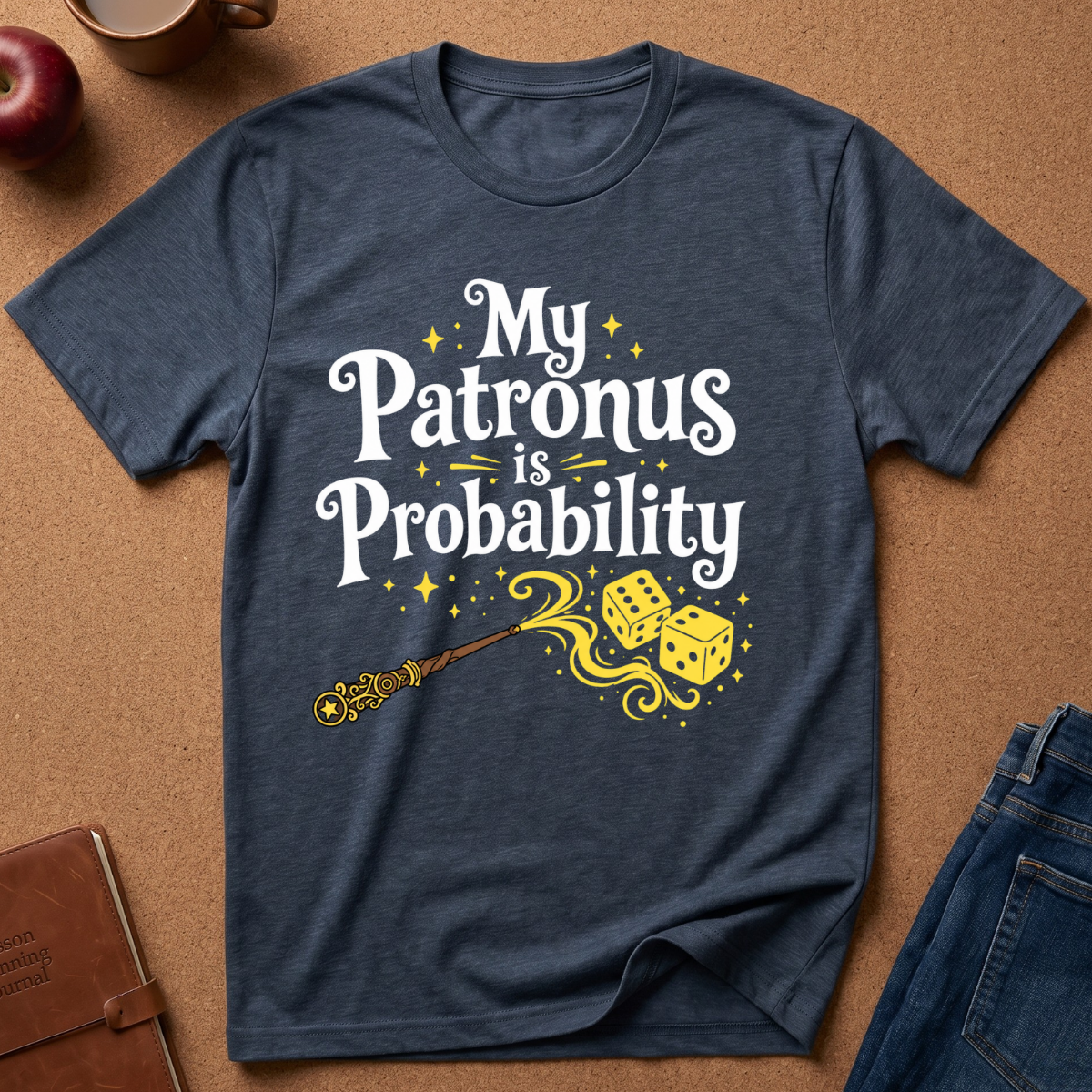 A navy blue graphic t-shirt laid flat on a brown cork background, featuring the text 'My Patronus is Probability' in white with yellow stars, a yellow wand, and two yellow dice. Styled flat-lay props include an apple, a leather notebook, and blue jeans.