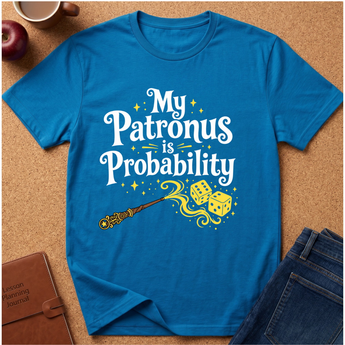 A bright blue graphic T-shirt laid flat on a cork surface, printed with the phrase 'My Patronus is Probability' in white script, yellow stars, a wand, and two dice. Surrounding props include an apple, a mug, a notebook, and folded jeans.