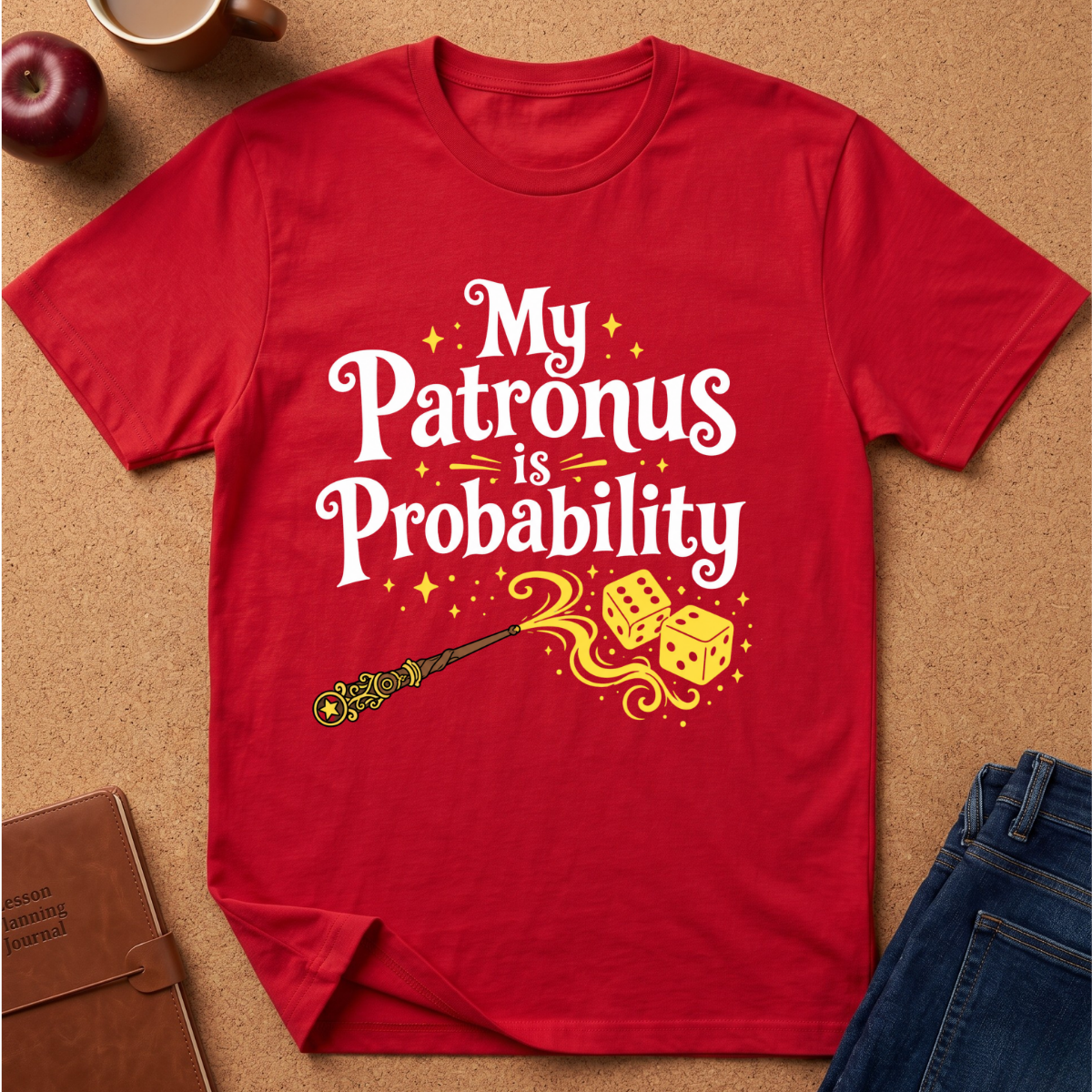 A red short-sleeve graphic T-shirt laid flat on a cork-like surface, with the text 'My Patronus is Probability' in white and yellow, plus a wand and dice illustration. Surrounding props include an apple, mug, notebook, and jeans.