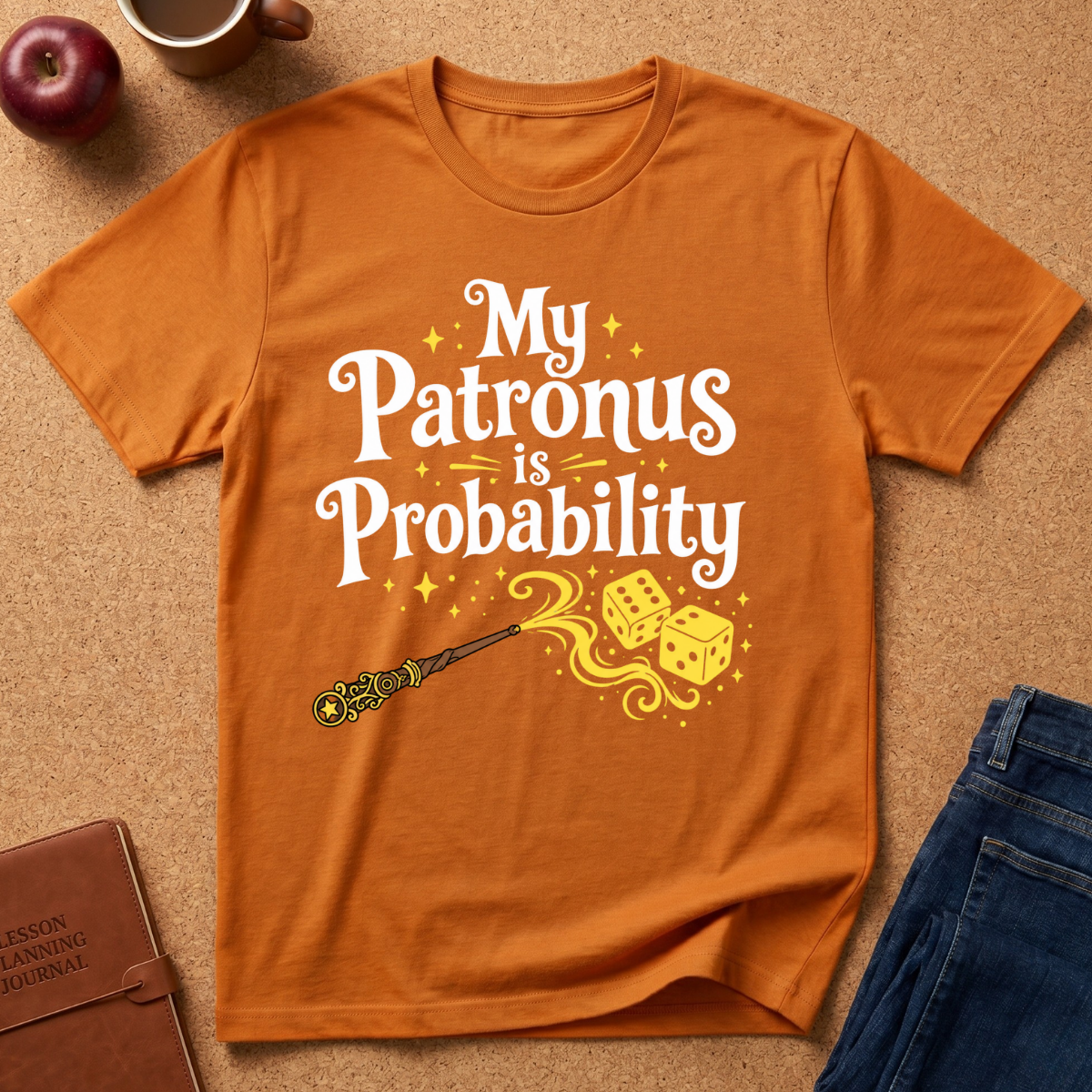 A orange graphic t-shirt laid flat on a brown cork board background, featuring the text 'My Patronus is Probability' in white with yellow stars and a wand-and-dice illustration. Surrounding props include an apple, a coffee cup, a brown journal, and folded blue jeans.