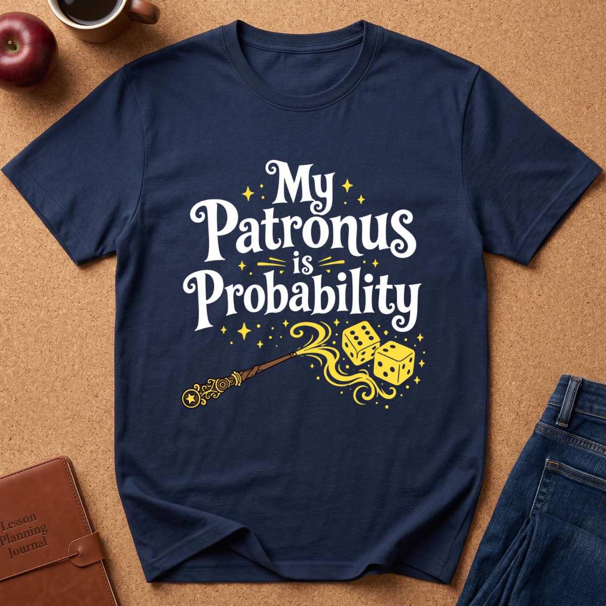 A navy blue graphic t-shirt laid flat on a brown cork board background, featuring the text 'My Patronus is Probability' in white with yellow stars and a wand-and-dice illustration. Surrounding props include an apple, a coffee cup, a brown journal, and folded blue jeans.