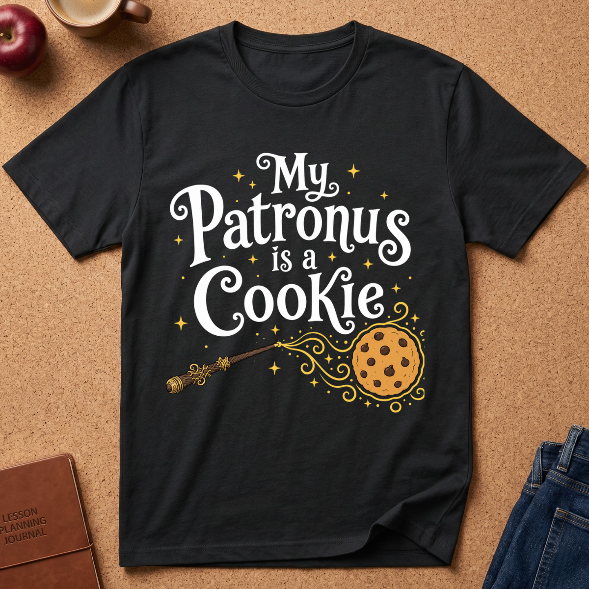 A black graphic t-shirt laid flat on a cork background, featuring the text 'My Patronus is a Cookie' in white and gold, with a wand and cookie illustration. The shirt is styled with an apple, coffee cup, journal, and jeans nearby.