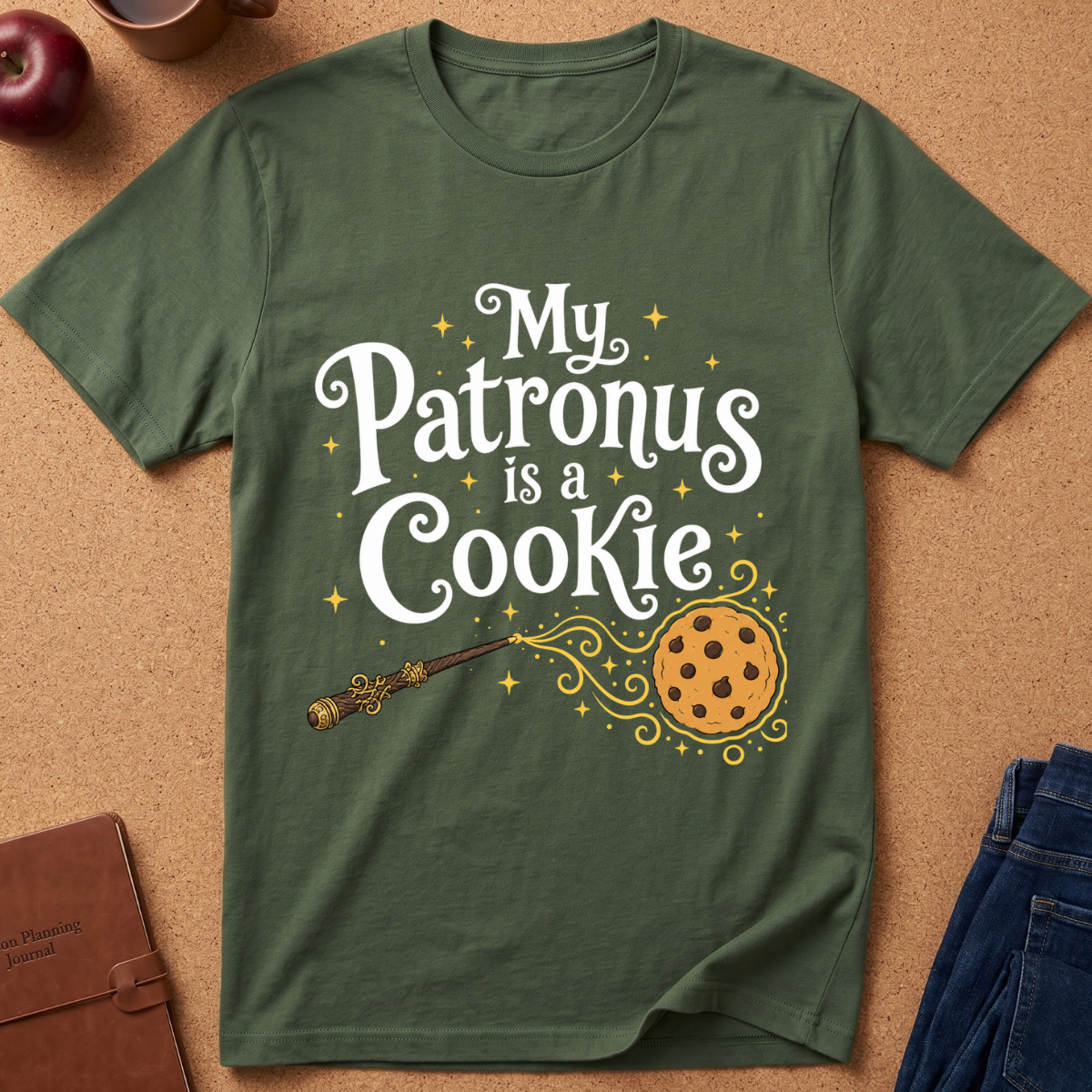 An olive green short-sleeve t-shirt laid flat on a cork background, featuring the text 'My Patronus is a Cookie' in white with yellow sparkles and a wand pointing to a chocolate chip cookie illustration.