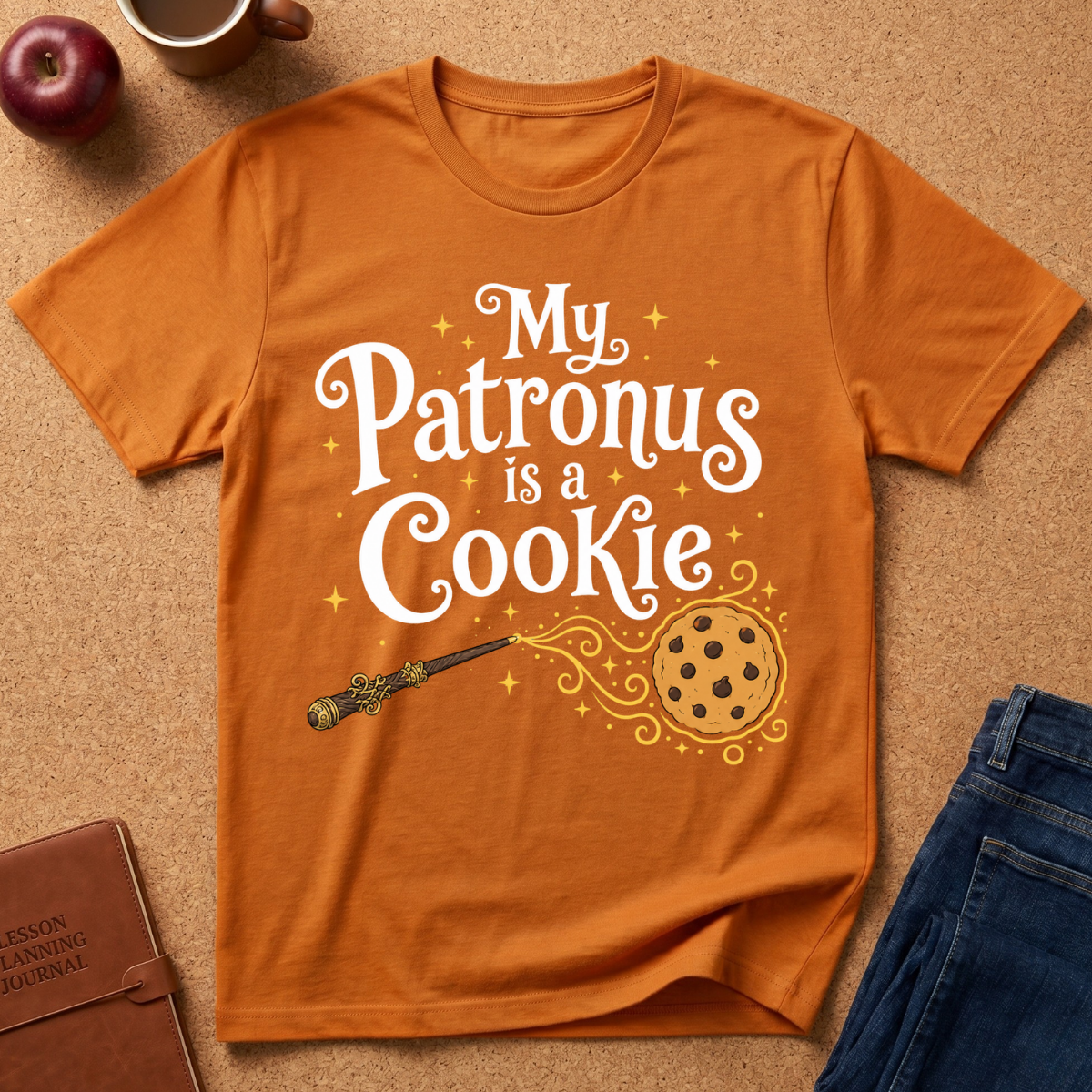 An orange graphic t-shirt laid flat on a cork background, featuring the text 'My Patronus is a Cookie' in white with a wand pointing to a cookie illustration. Styled flat-lay props include a brown journal, a red apple, a mug, and blue jeans.