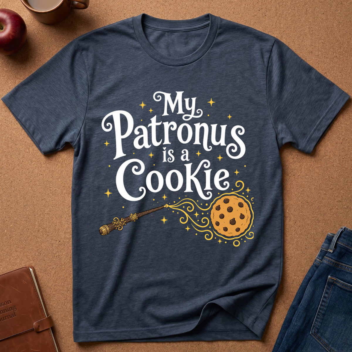 A navy blue graphic t-shirt laid flat on a brown cork background, surrounded by lifestyle props including an apple, a mug, a notebook, and folded blue jeans. The shirt features the text 'My Patronus is a Cookie' in white and gold lettering, accompanied by a gold wand and cookie illustration.