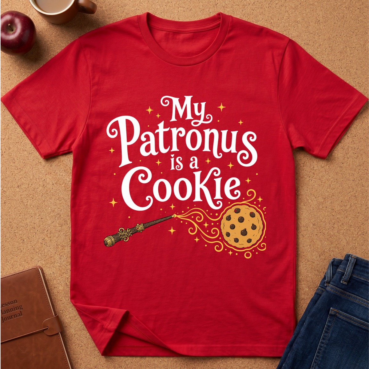 A red short-sleeve graphic T-shirt laid flat on a cork-like surface, with the phrase "My Patronus is a Cookie" in white script and an illustration of a wand turning a cookie into sparkles. A brown leather journal, apple, mug, and blue jeans are partially visible around it as styling props.