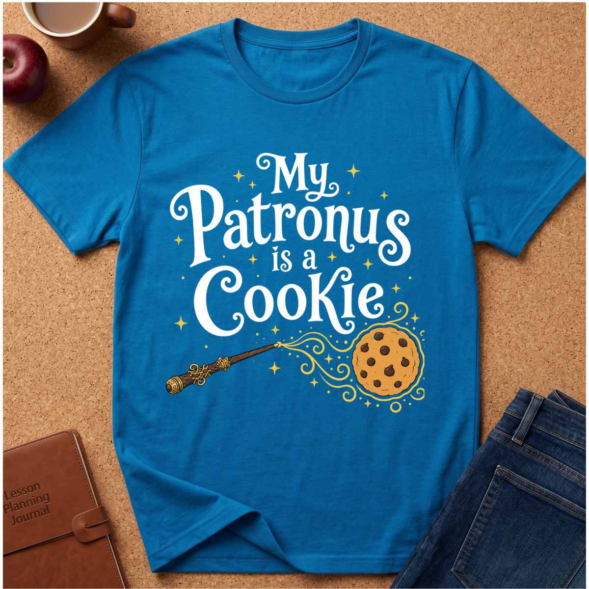 A bright blue graphic T-shirt laid flat on a cork surface, surrounded by styled props including an apple, a mug, a notebook, and jeans. The shirt features the phrase 'My Patronus is a Cookie' in white decorative lettering with yellow sparkles and a wand drawing a cookie.