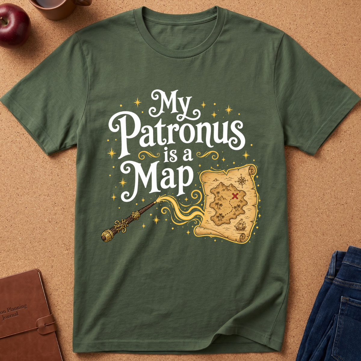 An olive green graphic t-shirt laid flat on a cork background, featuring the text 'My Patronus is a Map' in white script with a yellow map, wand, and stars. Styled flat-lay props include an apple, a brown journal, and blue jeans.