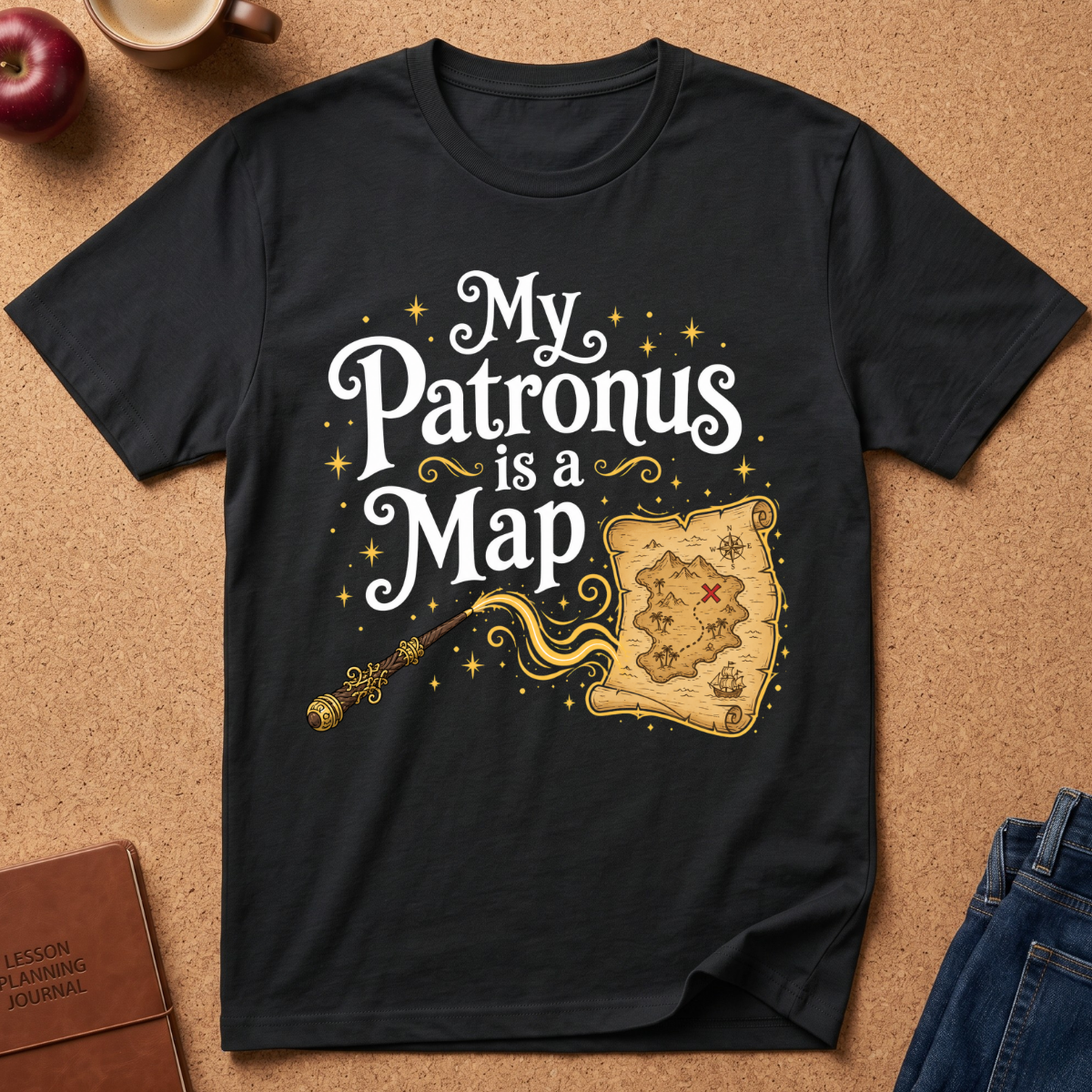 A black graphic t-shirt laid flat on a cork background, featuring the text 'My Patronus is a Map' in white with gold stars and a gold map illustration. Styled flat-lay props include an apple, a coffee cup, a journal, and jeans.