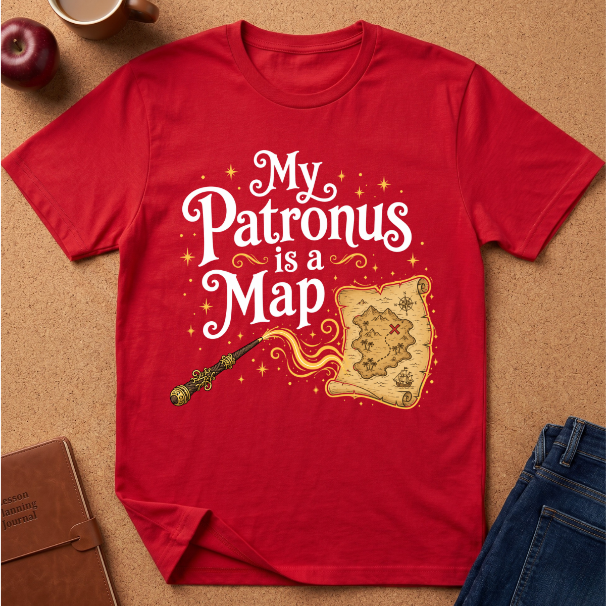 A red short-sleeve graphic T-shirt laid flat on a cork surface, featuring the phrase 'My Patronus is a Map' in white decorative lettering with a wand and an open treasure map illustration. Styled flat-lay props include a brown leather journal, an apple, a mug, and blue jeans.