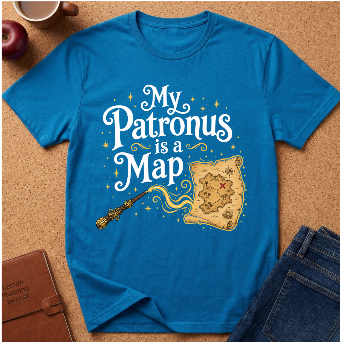 A bright blue graphic T-shirt laid flat on a cork surface, surrounded by styled props including an apple, a coffee cup, a notebook, and jeans. The shirt features the phrase 'My Patronus is a Map' in white script with a wand and an open treasure map illustration in gold and tan.