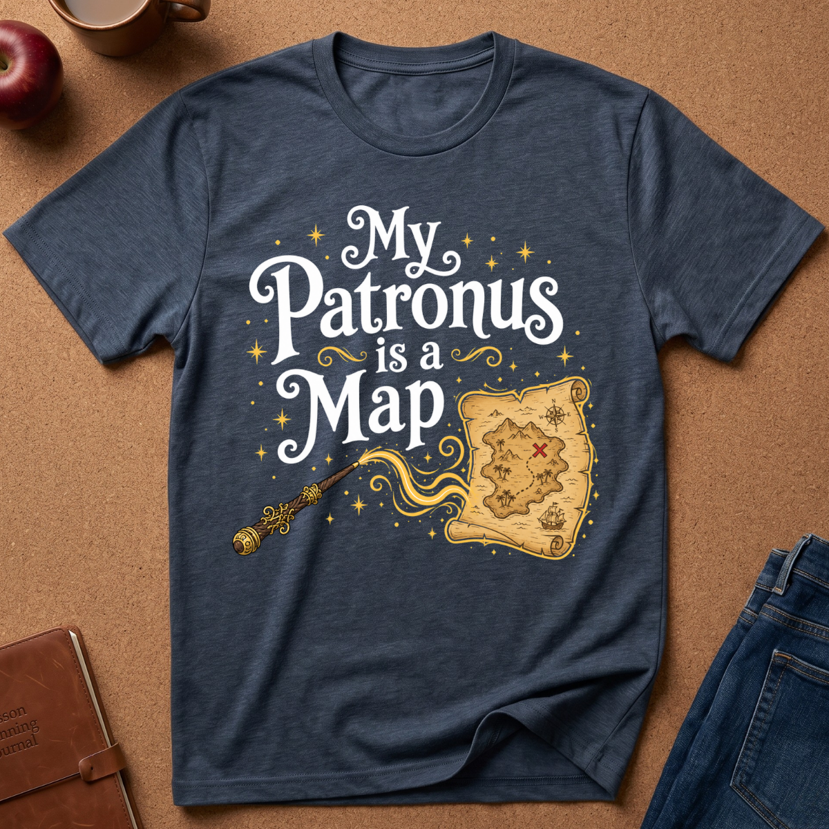 A navy blue heather graphic t-shirt laid flat on a brown cork background, surrounded by styled props including a leather notebook, an apple, a mug, and blue jeans. The t-shirt features the text 'My Patronus is a Map' in white script, decorated with gold stars and a gold map illustration.