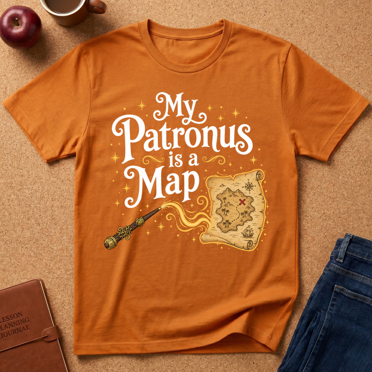 An orange graphic t-shirt laid flat on a cork background, featuring the text 'My Patronus is a Map' in white script with a wand and parchment map illustration. Styled flat-lay props include a brown journal, a red apple, a mug, and blue jeans.