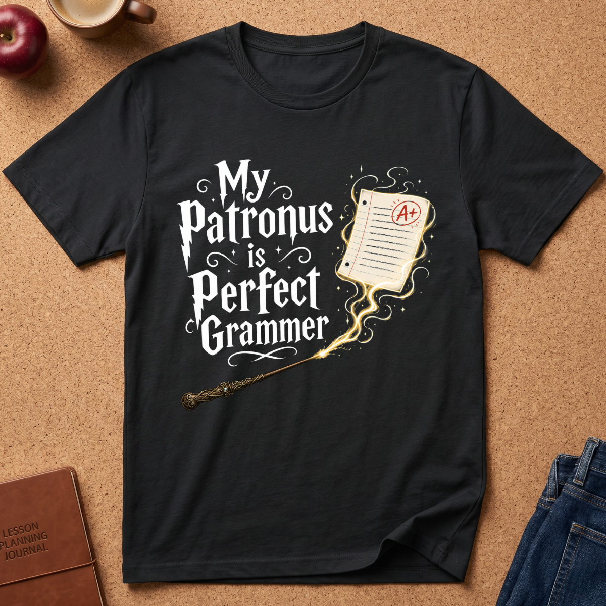 A black graphic t-shirt laid flat on a cork background, featuring the text 'My Patronus is Perfect Grammer' in white and gold, alongside a wand and an A+ report card illustration. Styled flat-lay props include an apple, a coffee cup, a journal, and jeans.
